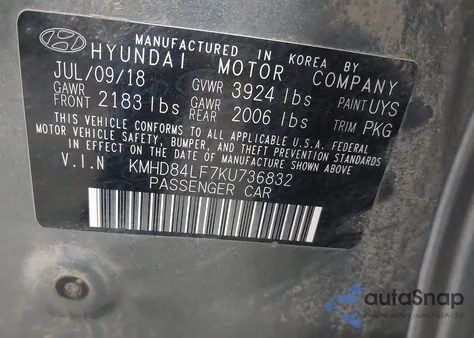 2019 Hyundai Elantra Sel из США, поврежденный, VIN KMHD84LF7KU736832